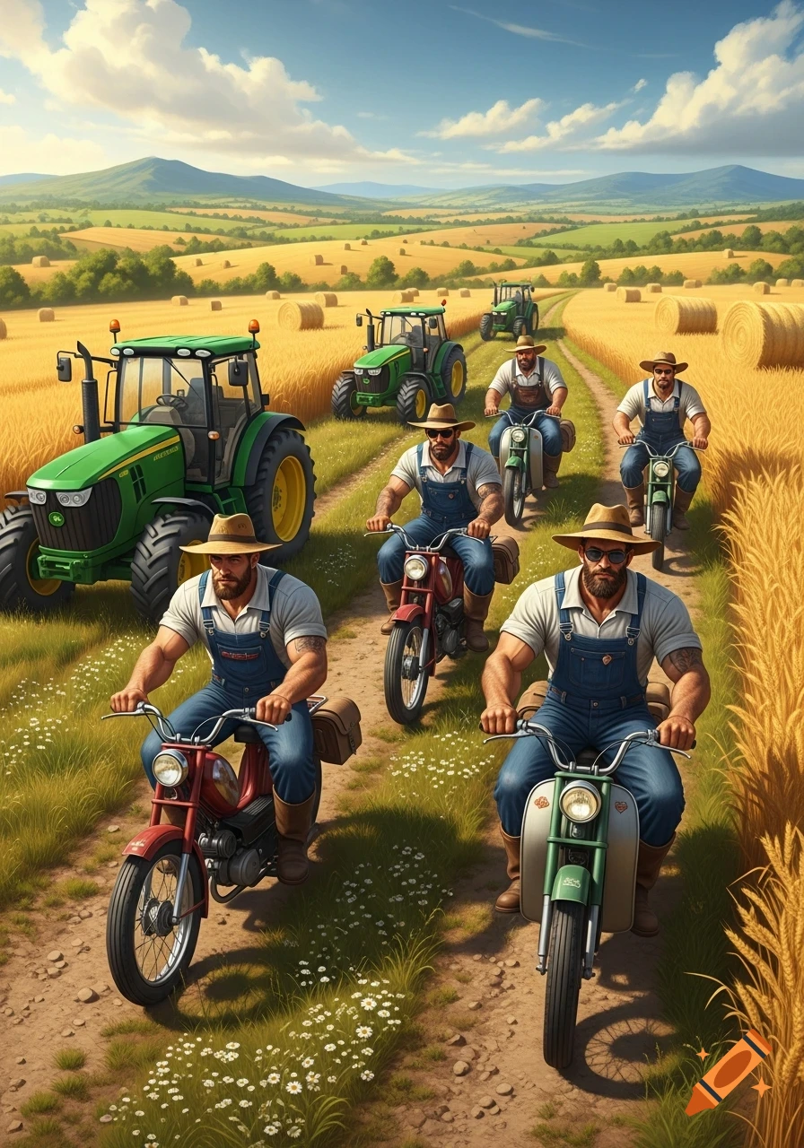 Five muscular farmers in overalls and straw hats ride mopeds down a dirt path through golden grain fields, with green tractors and hay bales in the background under a blue sky.