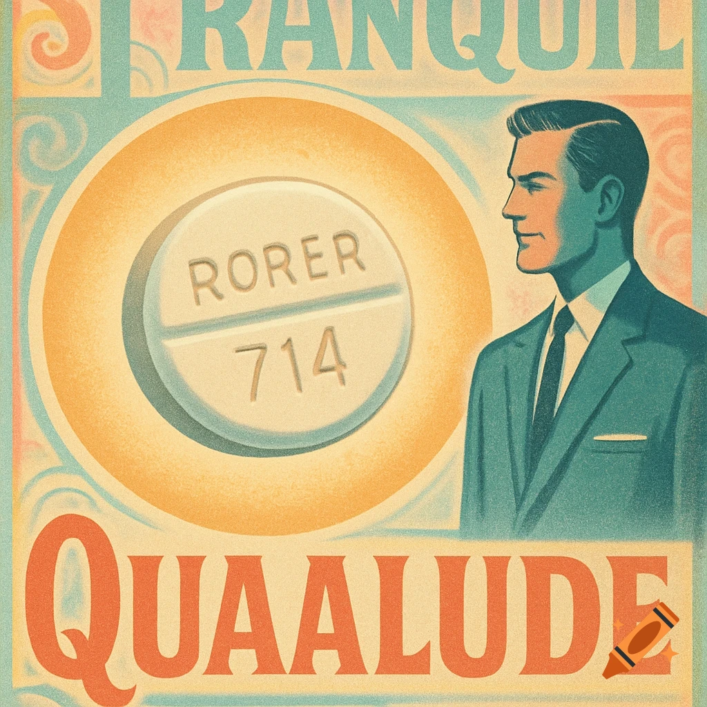 Vintage advertisement for Quaalude, featuring a pill with 'RORER 714' and a man in a suit, with 'TRANQUIL' and 'QUAALUDE' text.