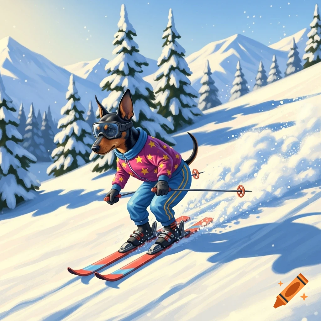 Cartoon pinscher dog in ski goggles and a pink star jacket skiing down a snowy mountain slope with pine trees.