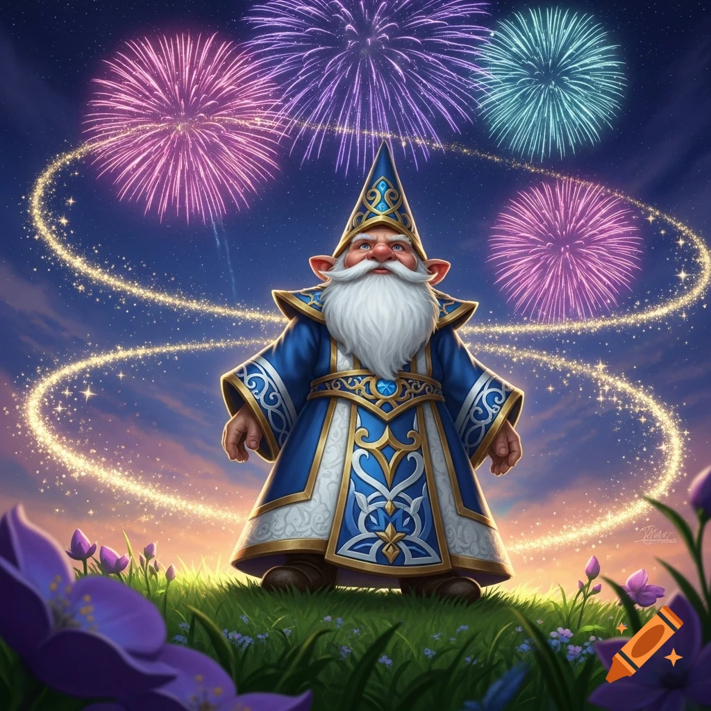 A gnome cleric in blue and gold robes stands in a flowery field under a night sky with colorful fireworks and golden trails of magic.