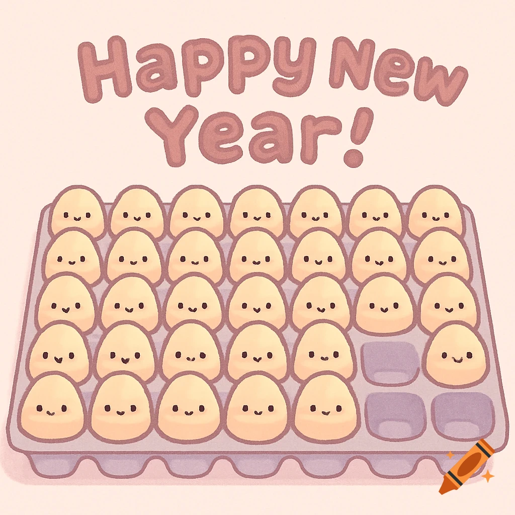 A cute illustration of smiling cartoon eggs in an egg carton with the text "Happy New Year!" above them in a pastel color palette.