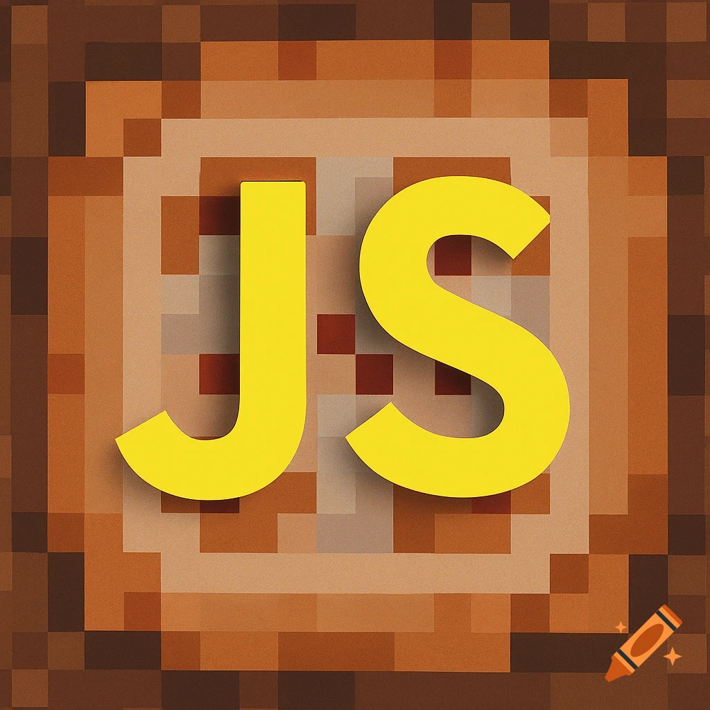 Yellow 'JS' logo on a pixelated brown background resembling a Minecraft command block.