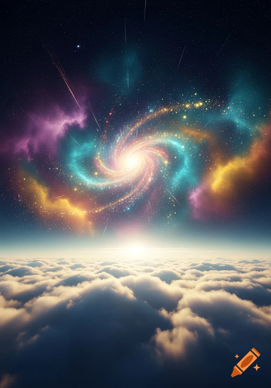 A vibrant, colorful spiral galaxy and shooting stars illuminate a dark cosmic sky above a bright horizon over soft, ethereal clouds.