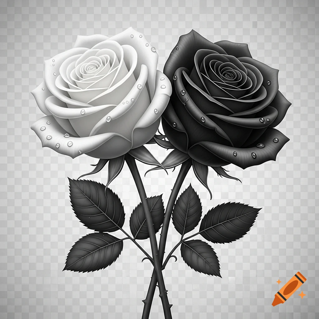 Realistic white and black roses with water droplets on a transparent background.