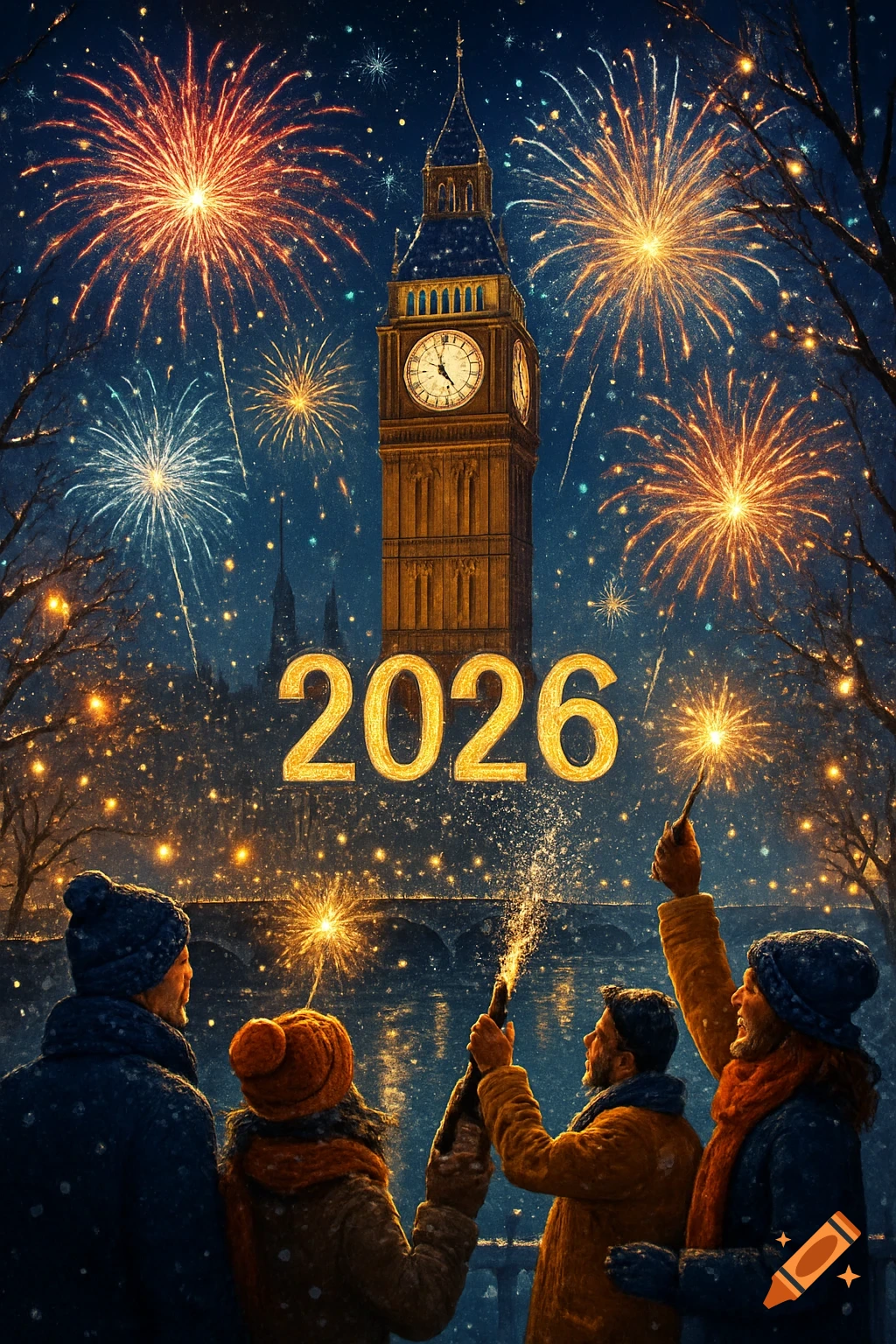 People celebrate New Year's Eve with fireworks bursting around London's Big Ben, with '2026' displayed, in an illustrated style.