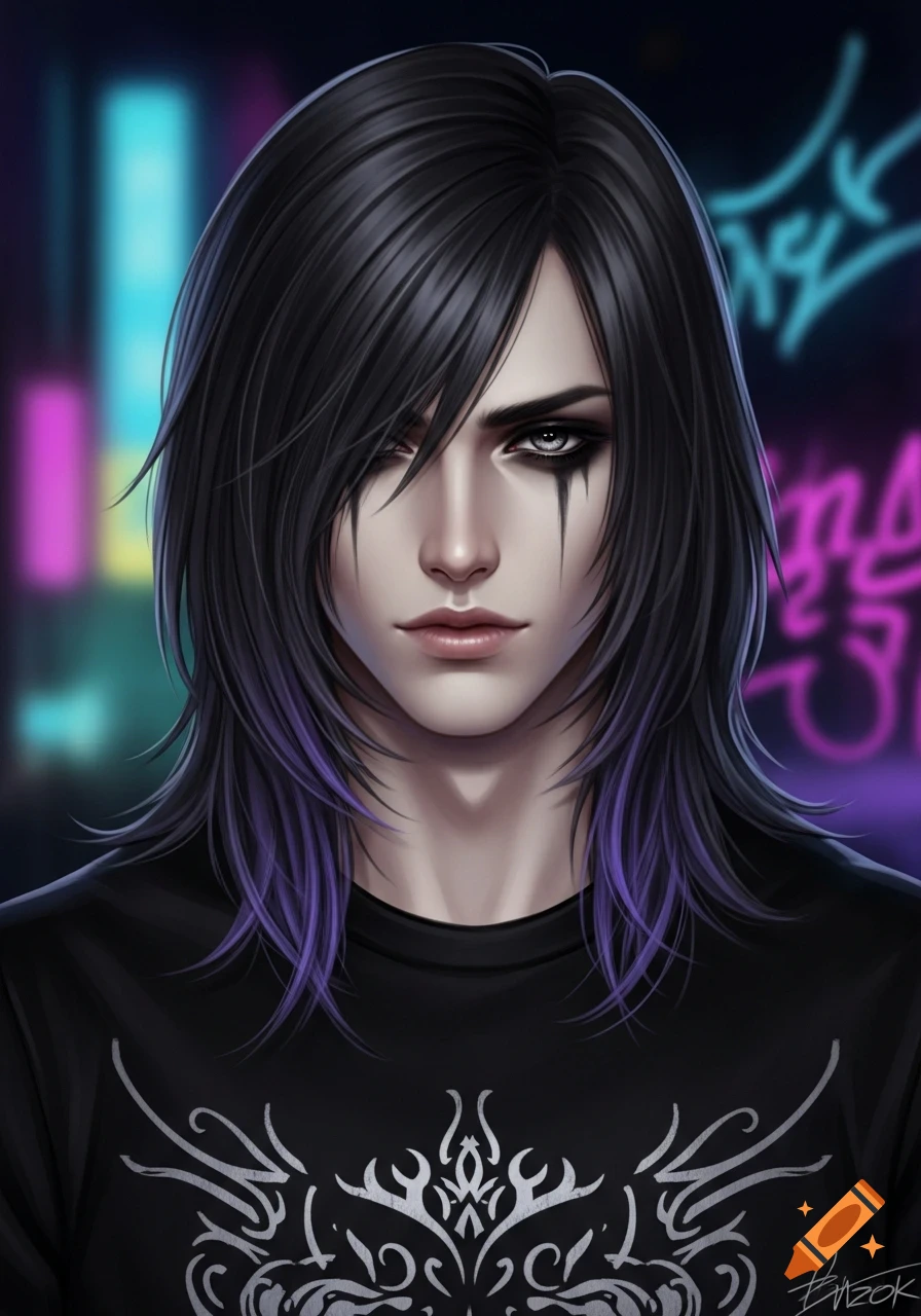 Semirealistic portrait of an emo guy with long black hair, purple streaks, and dark eye makeup, against a neon background.