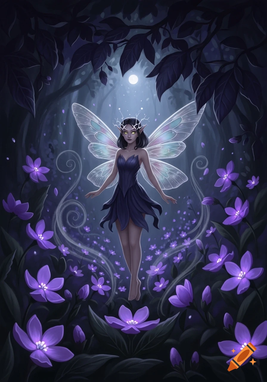 A dark-haired fairy with glowing eyes and translucent wings in a dark enchanted forest under a full moon, surrounded by glowing purple flowers.