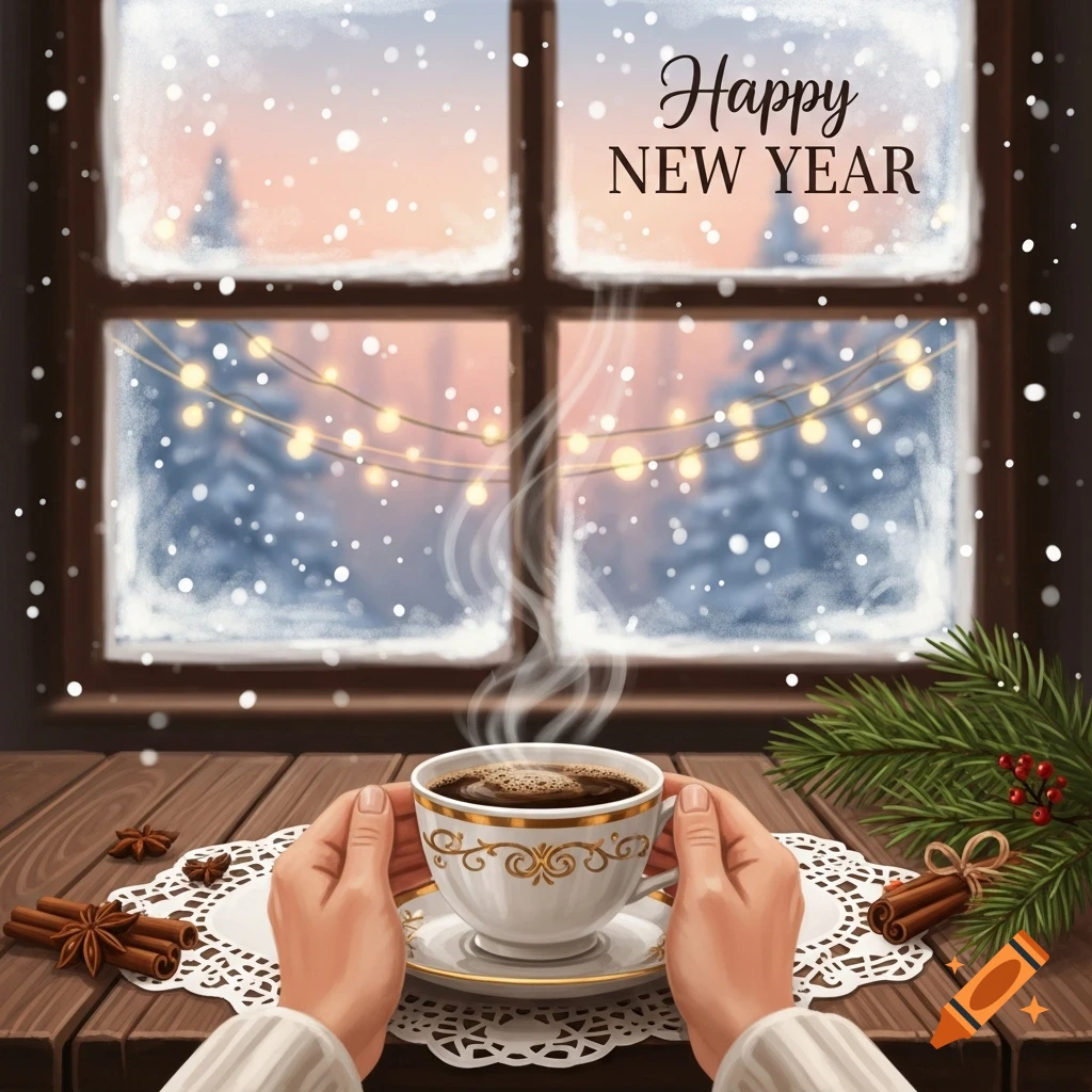 Hands hold a steaming coffee cup on a wooden table, overlooking a snowy forest with string lights and 'Happy NEW YEAR' text on a frosty window.
