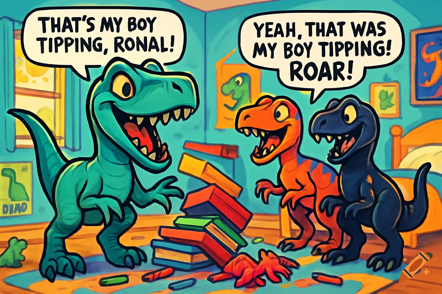 A large green cartoon dinosaur boasts, 'THAT'S MY BOY TIPPING, RONAL!' while two smaller dinosaurs, orange and dark blue, exclaim, 'YEAH, THAT WAS MY BOY TIPPING! ROAR!' in a child's bedroom with scattered books.