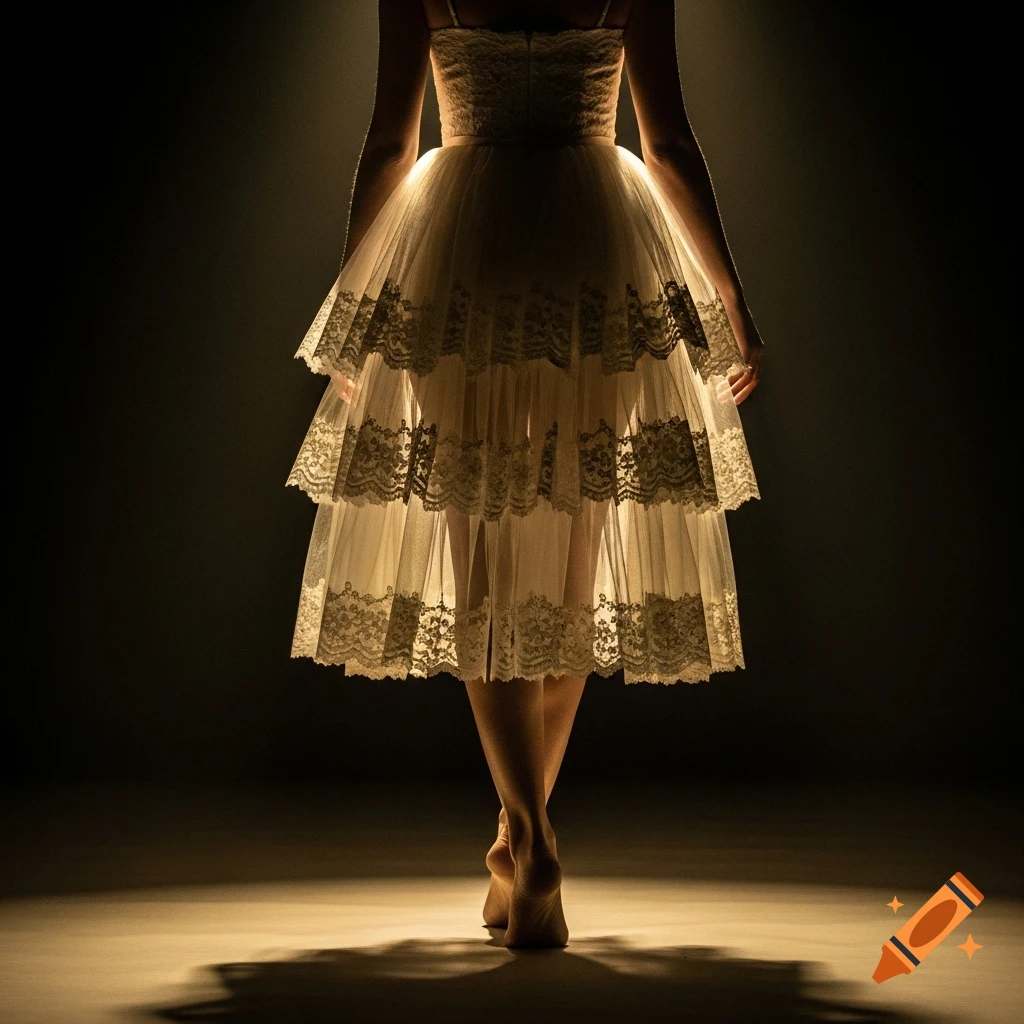 A woman in a translucent ivory tulle dress, seen from behind, walking under a warm spotlight on a dark stage. Fine art photograph.