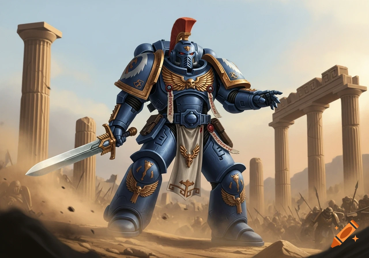 Blue and gold Warhammer 40k Primaris Space Marine with a red crested helmet and sword, standing in desert ruins.