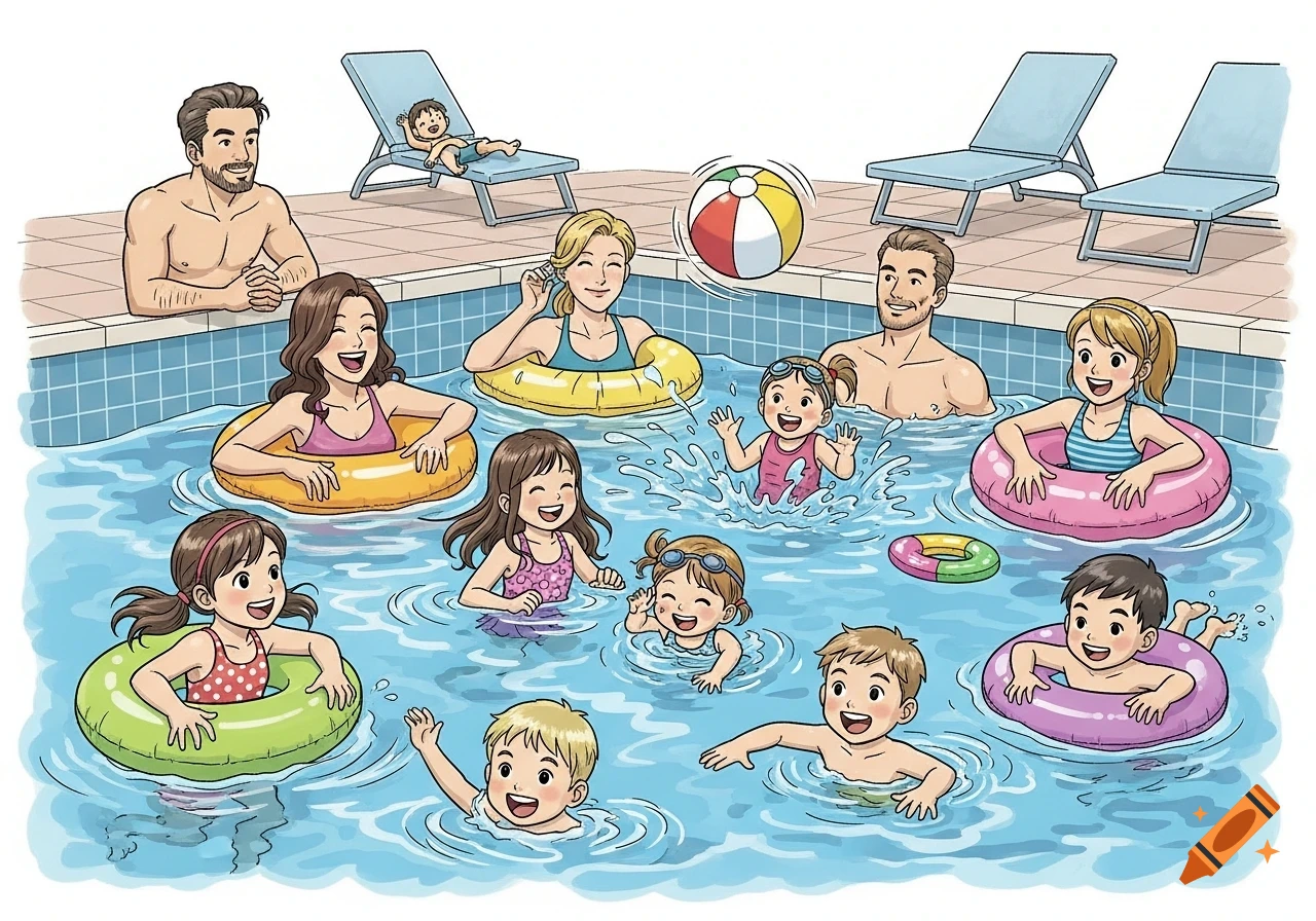 A cartoon illustration of a diverse family with children and adults swimming and playing in a pool with inflatable rings and a beach ball.