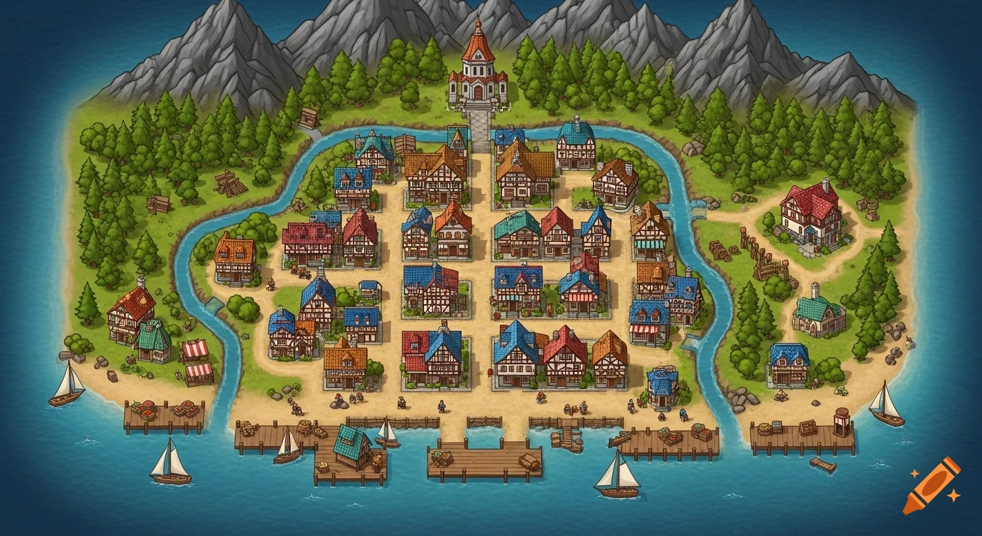 An isometric fantasy map of a harbor town nestled in a river valley, surrounded by mountains and ocean, with timber-frame buildings and sailing boats.