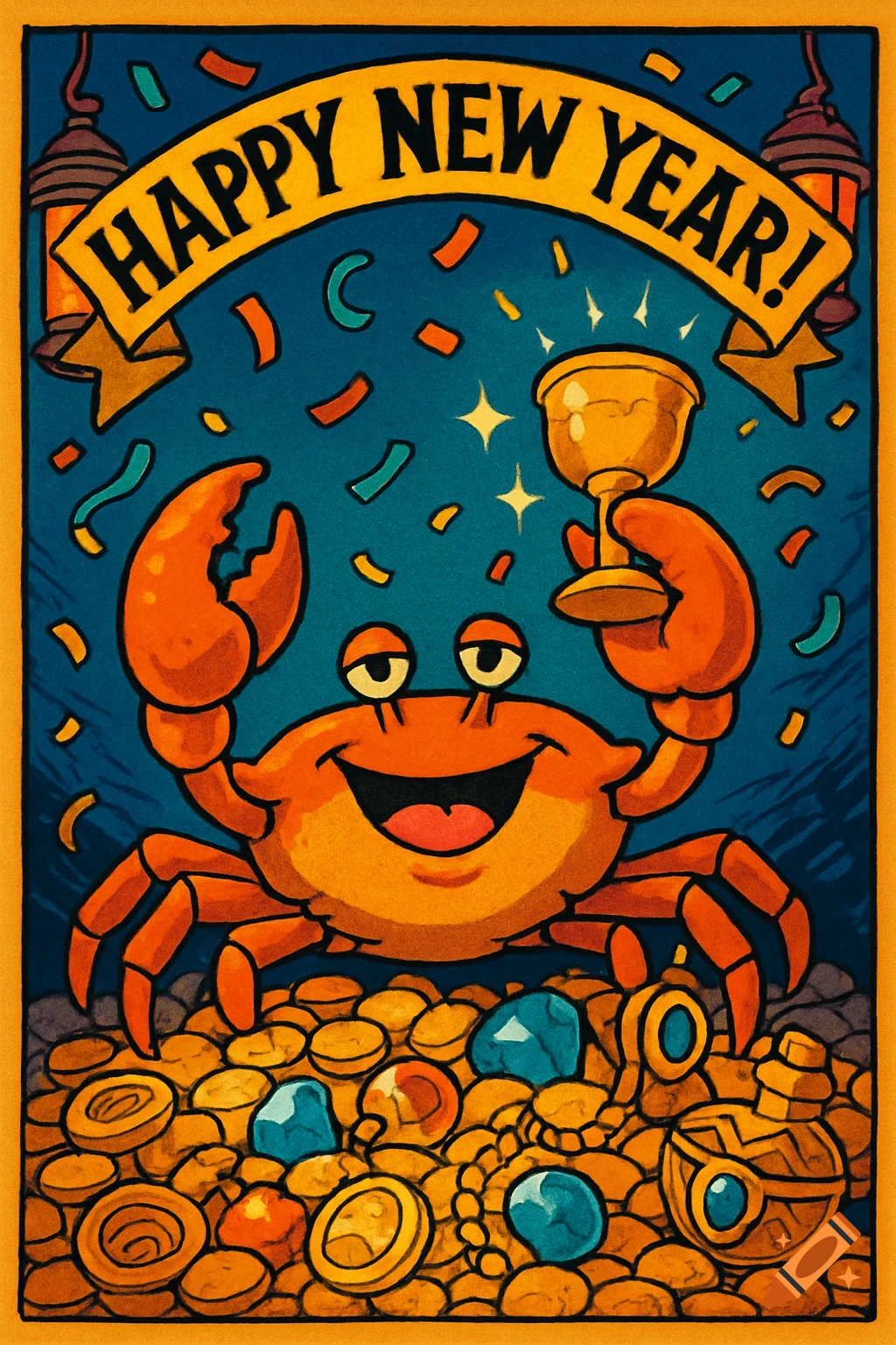 A happy cartoon crab holds a golden cup, standing on a pile of treasure, under a banner reading 'HAPPY NEW YEAR!' with confetti.