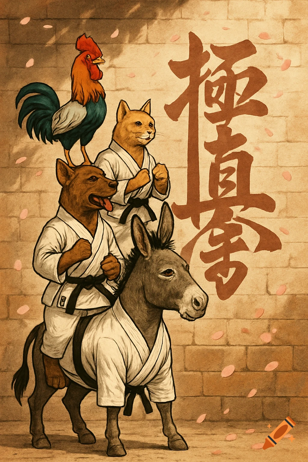 An anthropomorphic donkey, dog, cat, and rooster, stacked and wearing karate gi, stand before a wall with a Kyokushin Kanji symbol.