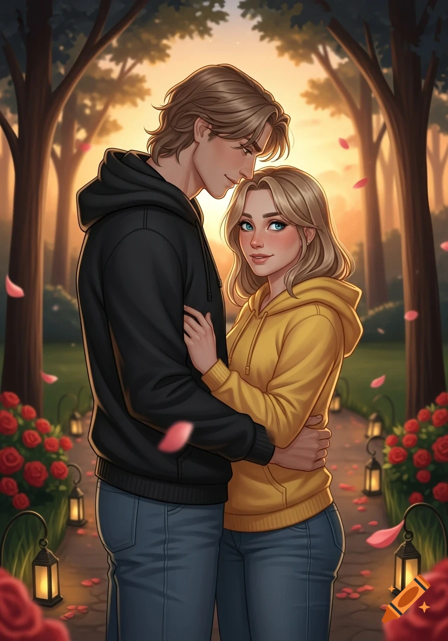 An illustration of a tall man in a black hoodie embracing a shorter woman in a yellow hoodie in a romantic park at sunset.