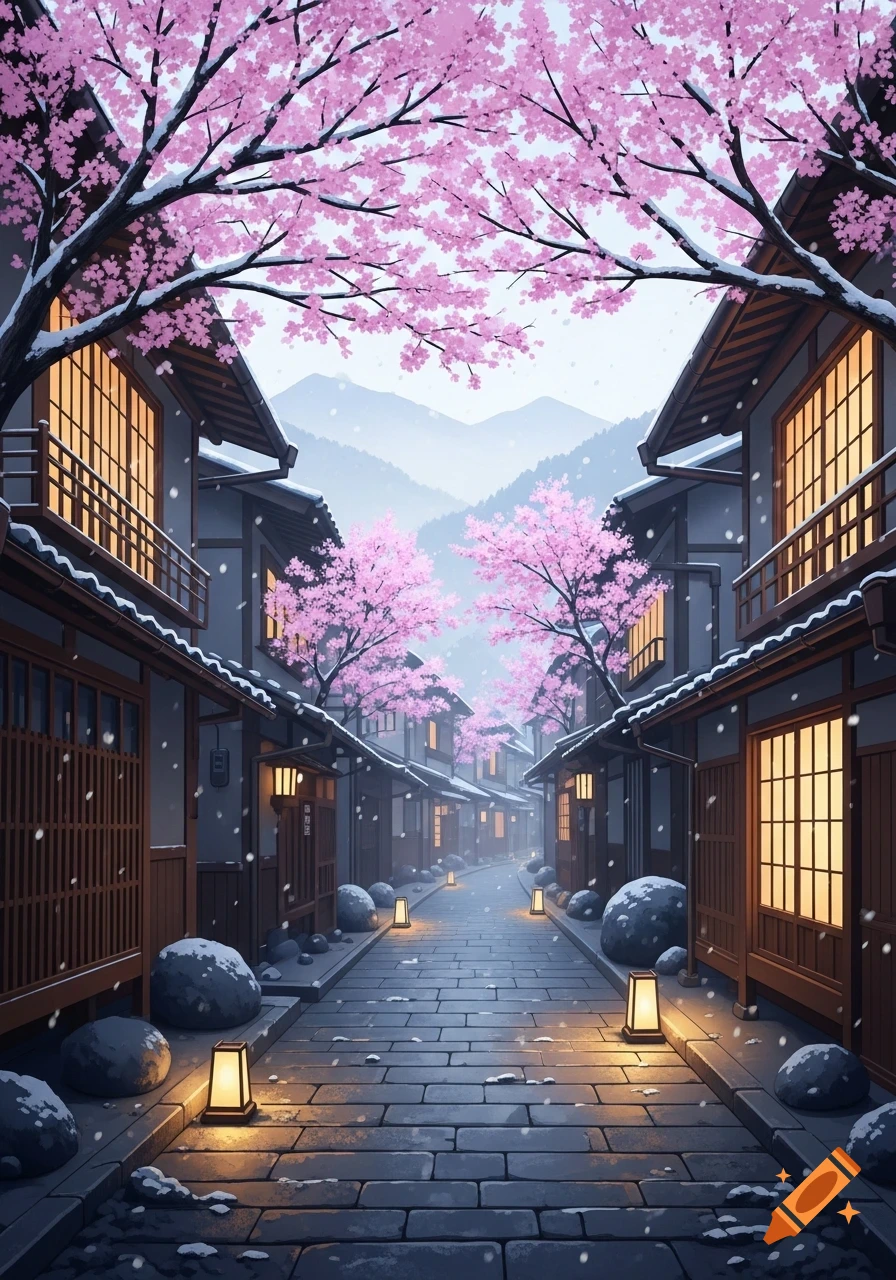 Illustrated Japanese street in winter, with traditional homes, pink cherry blossoms, falling snow, and glowing lanterns.