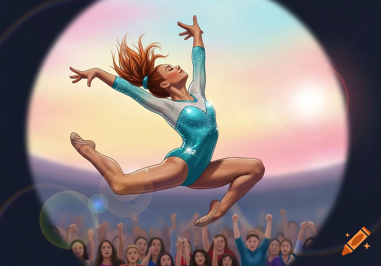 Illustrated female gymnast mid-leap in a teal leotard, highlighted by a spotlight with a cheering crowd below.