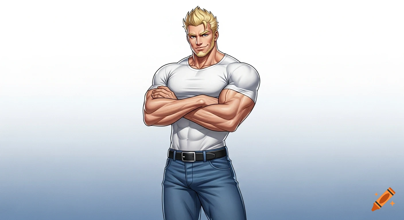 An anime illustration of a muscular blonde man with spiked hair and a smirk, wearing a white t-shirt and blue jeans, arms crossed.