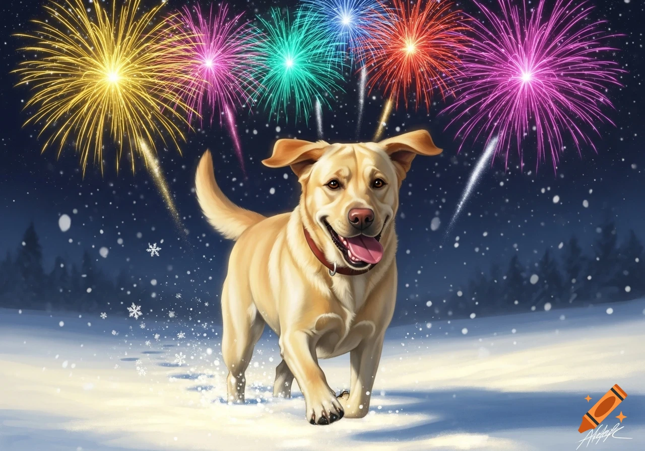 A happy golden Labrador dog runs through snow at night under a sky filled with colorful fireworks.