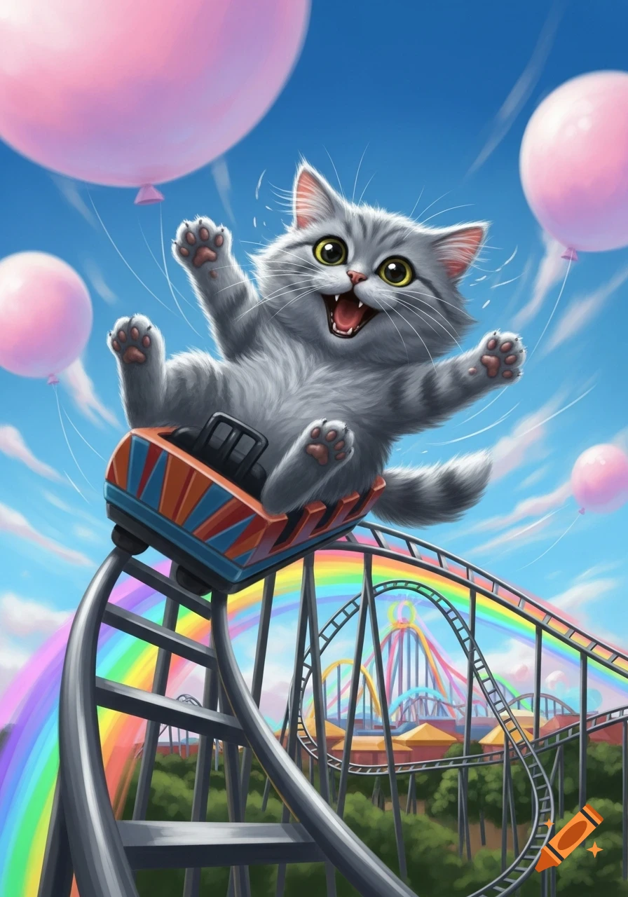 A cheerful gray fluffy cat with paws raised rides a colorful roller coaster down a hill, with pink balloons and a rainbow in the sky. Illustration.