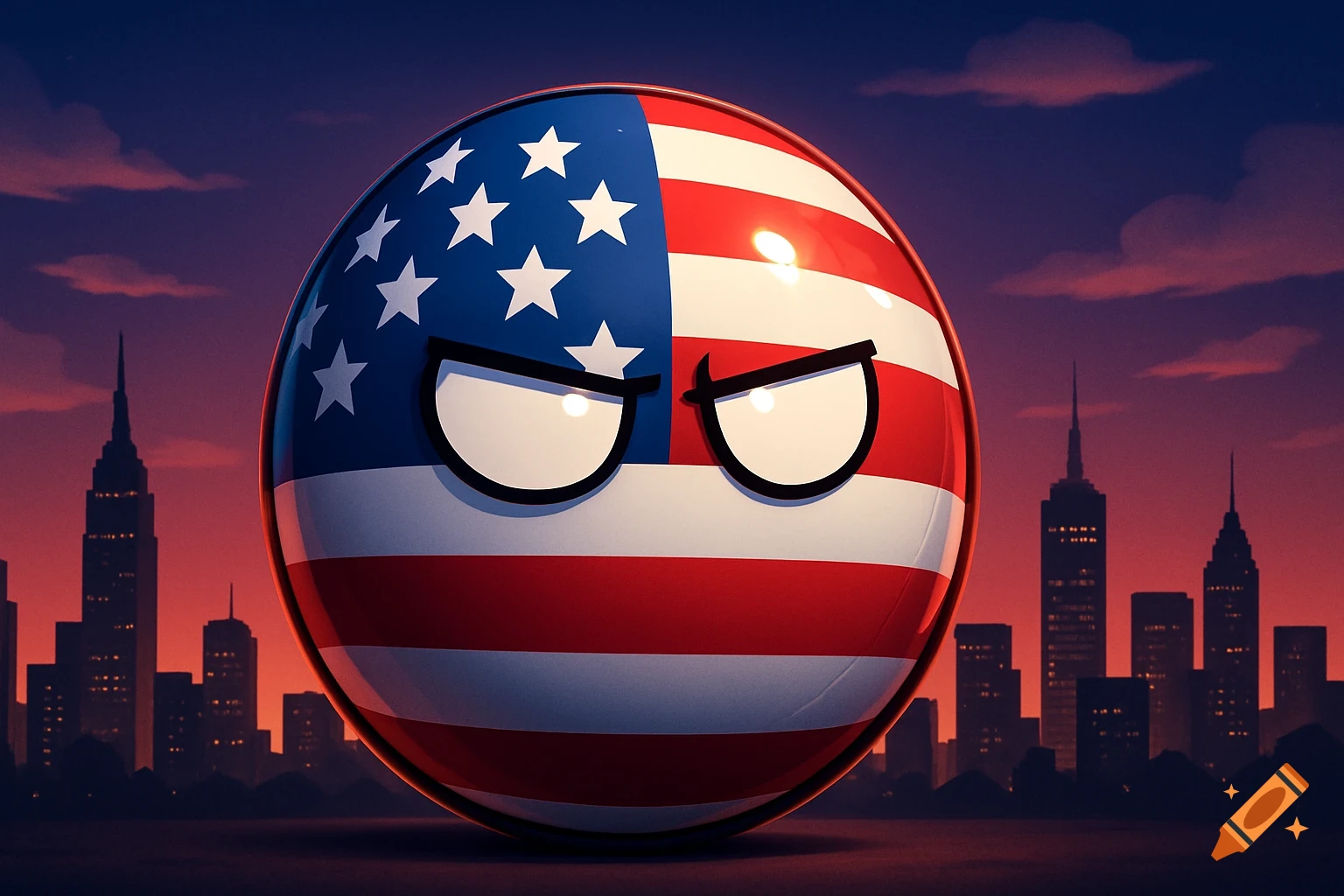 USA Countryball with an angry expression against a city skyline at sunset.
