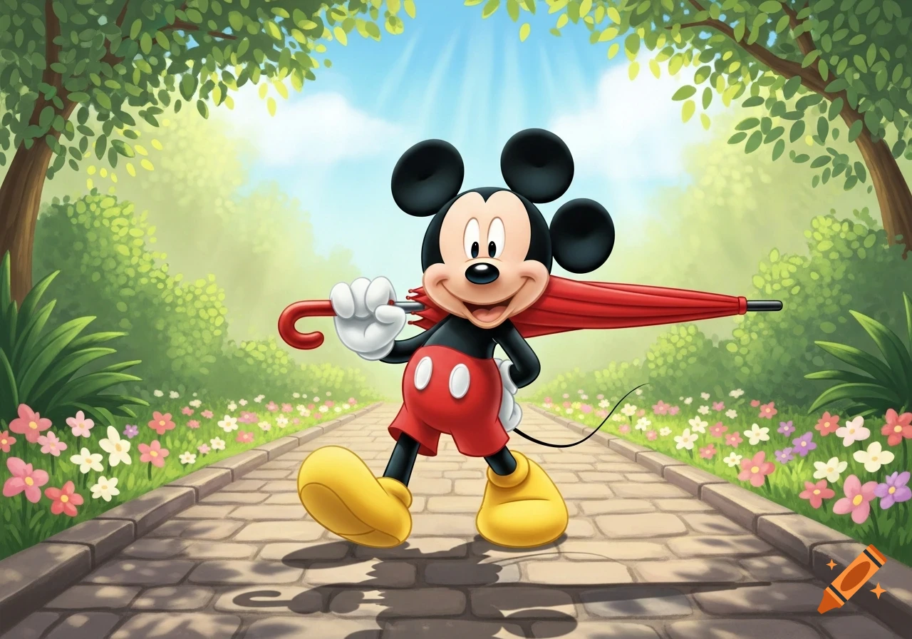 Mickey Mouse walks on a stone path through a sunny park, holding a closed red umbrella in a cartoon illustration style.