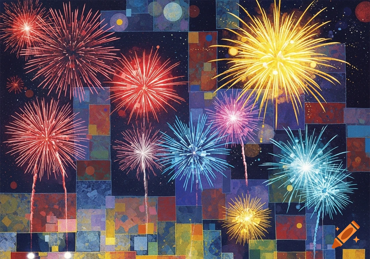 Colorful fireworks explode in a dark sky over a geometric, mosaic-like background, rendered in a Paul Klee art style.