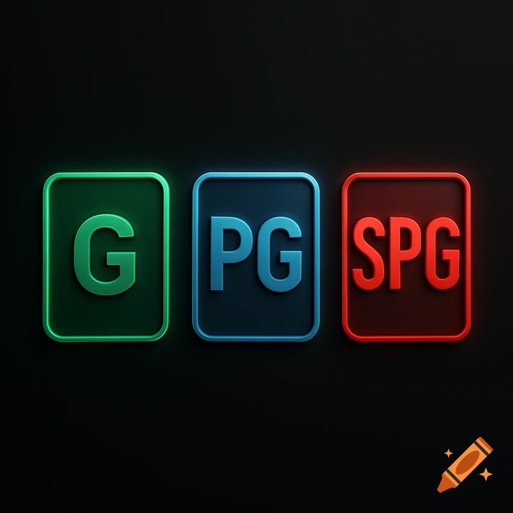 Three glowing rectangular rating symbols on a dark background: green 'G', blue 'PG', and red 'SPG'.