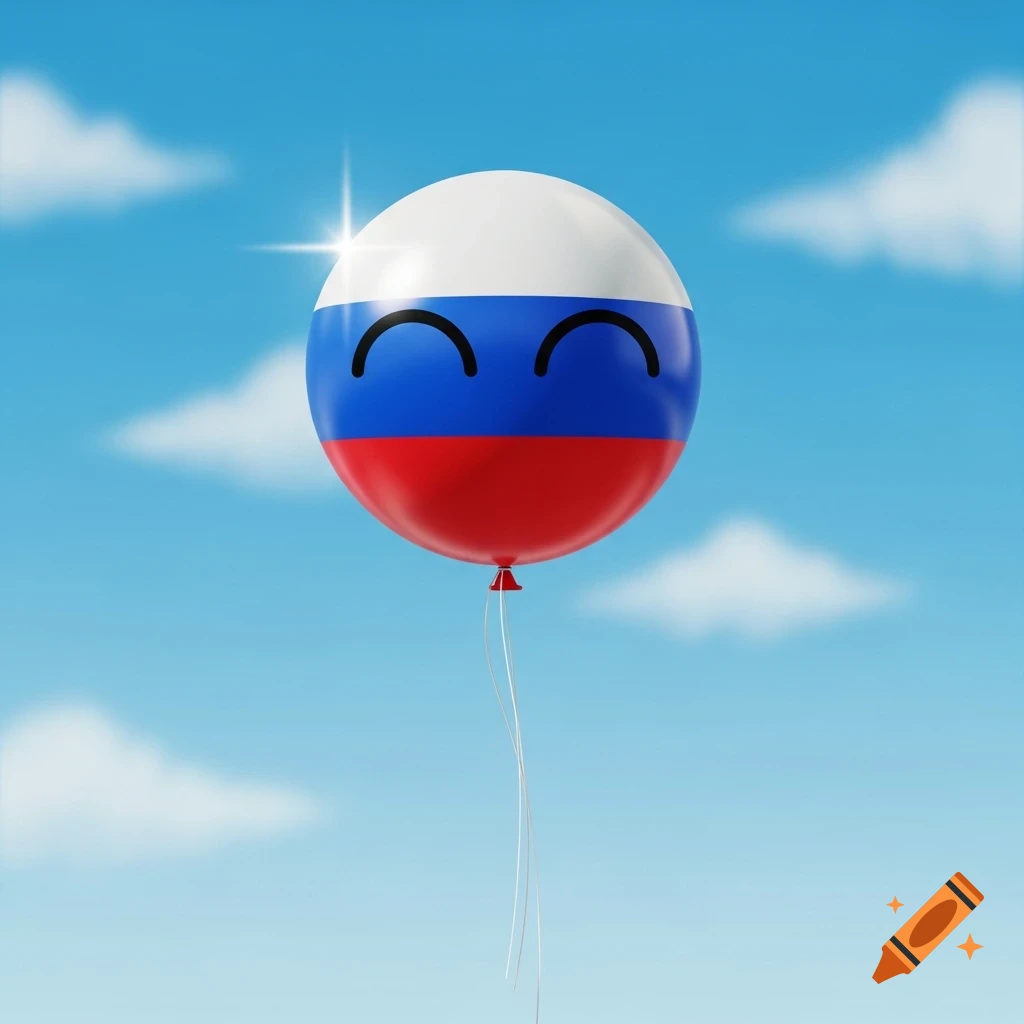 A happy cartoon balloon depicting the Russian flag (white, blue, red) floats in a bright blue sky with soft white clouds.