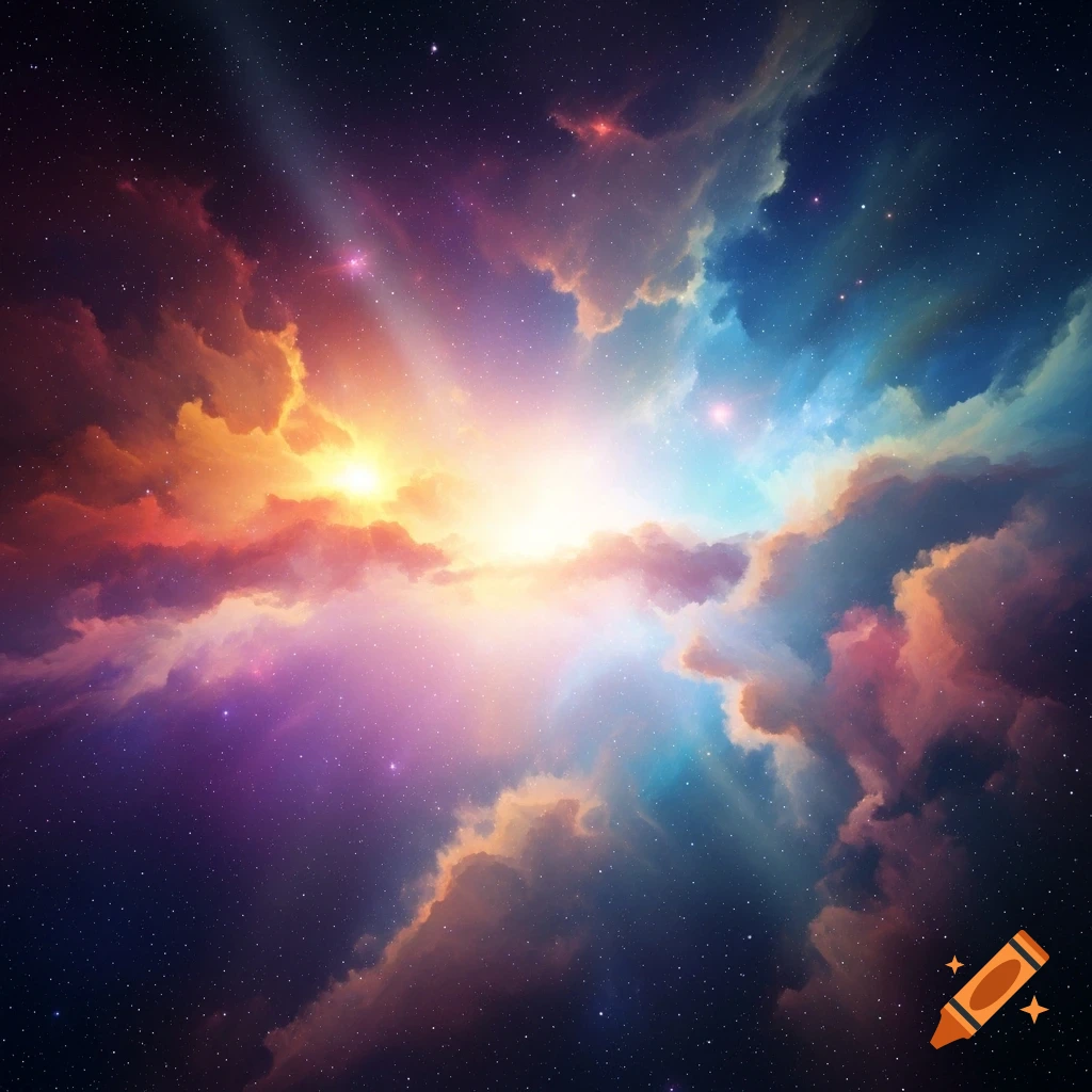 Vibrant cosmic nebula with bright central light, colorful swirling clouds, and distant stars.