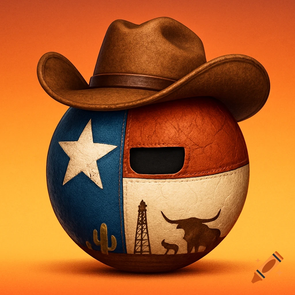 A Texas flag-themed sphere wearing a cowboy hat, with oil rig, cactus, and longhorn silhouettes against an orange background.