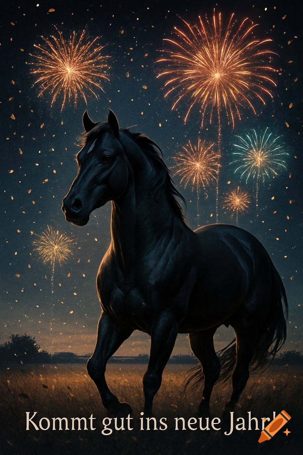 A black horse stands in a field under a night sky with golden and blue fireworks, with a New Year's greeting.