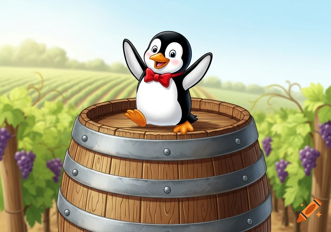 A cute cartoon penguin wearing a red bow tie sits on a wooden wine barrel in a sunny vineyard.