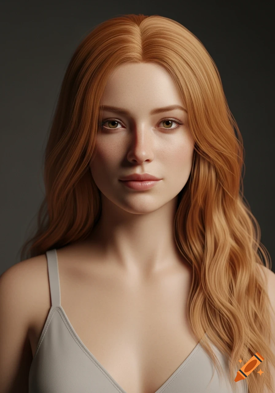 A photorealistic portrait of a young woman with long, wavy red-blonde hair, light skin, and brown eyes, wearing a light grey camisole.