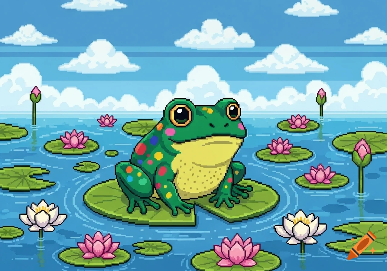 Pixel art of a green frog with colorful spots on a lily pad, surrounded by pink and white lotus flowers in a pond under a cloudy blue sky.