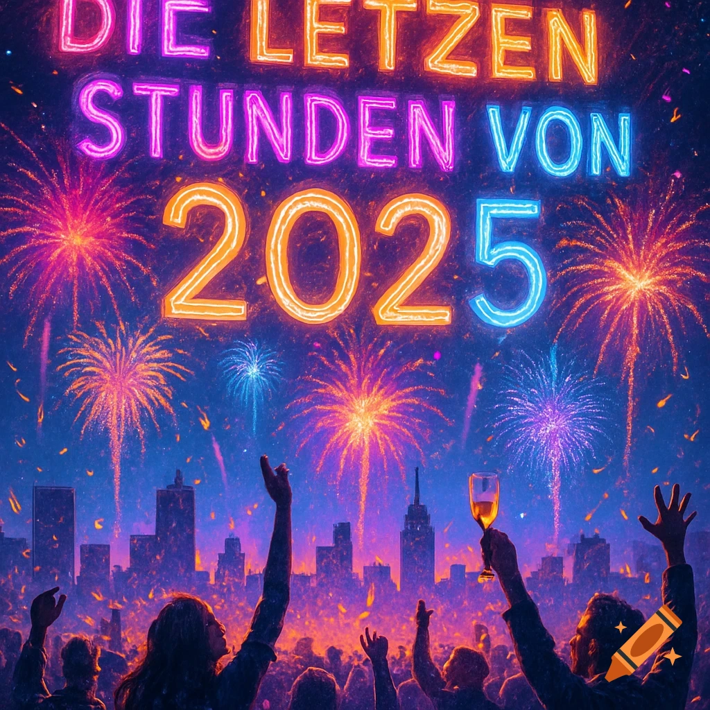 A vibrant New Year's Eve celebration over a city skyline with colorful fireworks and cheering crowds, featuring neon text "DIE LETZEN STUNDEN VON 2025".