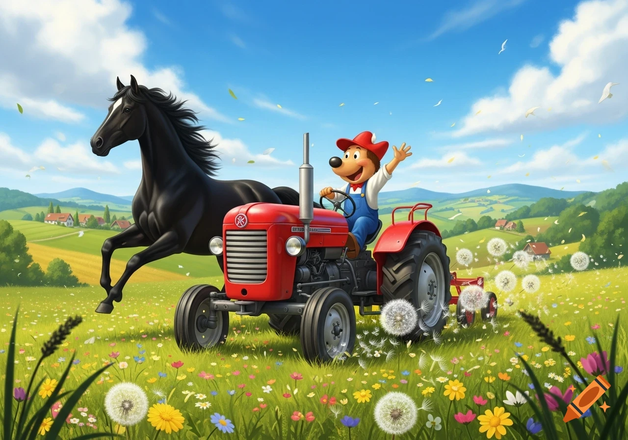 A cheerful cartoon character drives a red tractor and waves, as a black horse gallops beside them in a vibrant flower field.