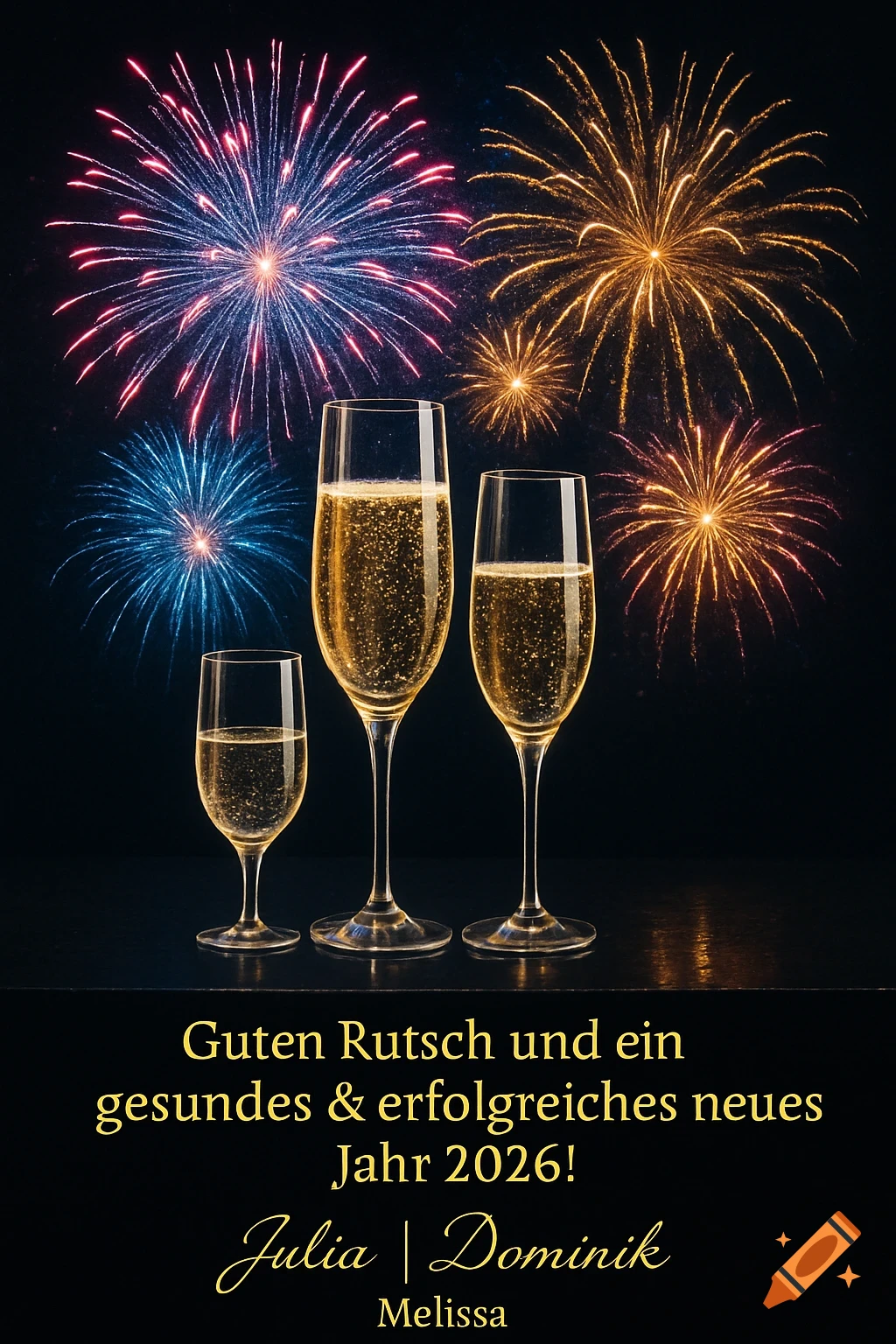 Photorealistic New Year's Eve greeting card with colorful fireworks against a dark sky, and three champagne glasses filled with bubbly liquid in the foreground. Text wishes for a happy and prosperous 2026.