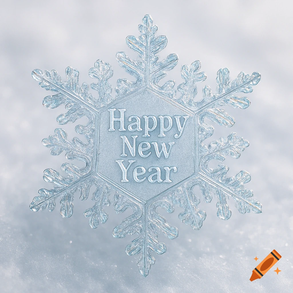 A close-up of a clear, glistening snowflake with "Happy New Year" text embossed in its center, resting on soft white snow.