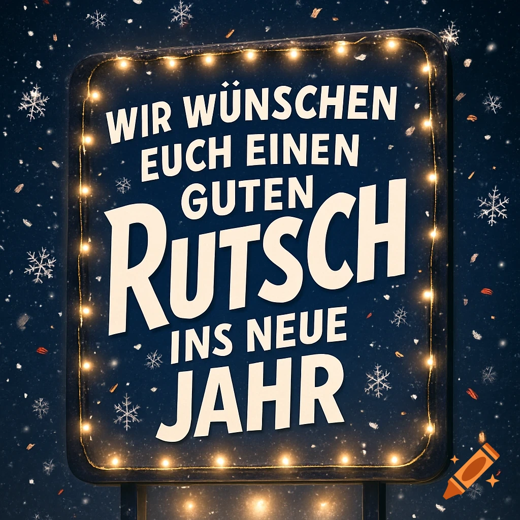 A festive dark blue sign with glowing string lights wishes 'WIR WÜNSCHEN EUCH EINEN GUTEN RUTSCH INS NEUE JAHR' in German amidst falling snowflakes.