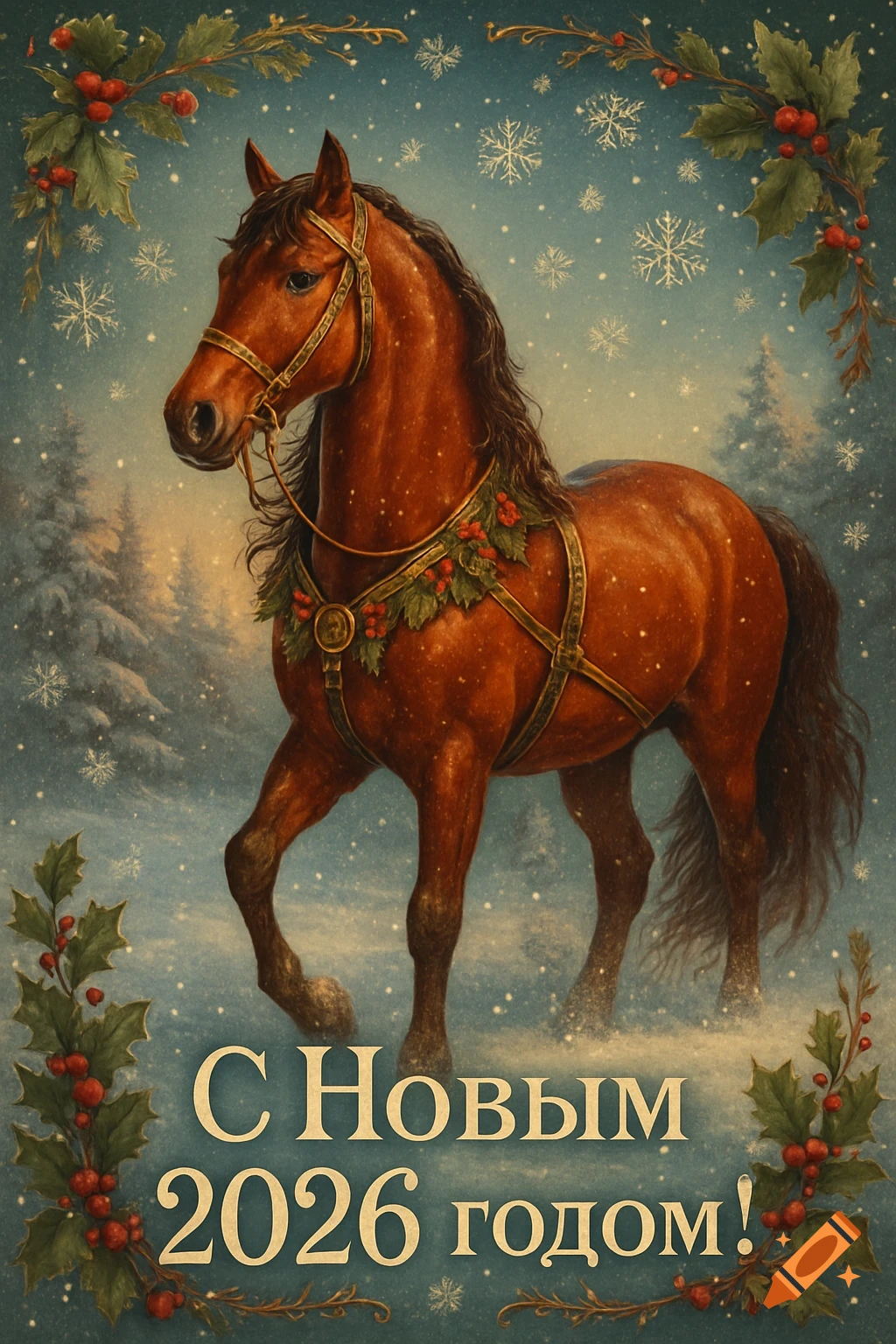 A festive New Year 2026 greeting card with an elegant brown horse in a snowy forest, adorned with holly, with 'С Новым 2026 годом!' text.