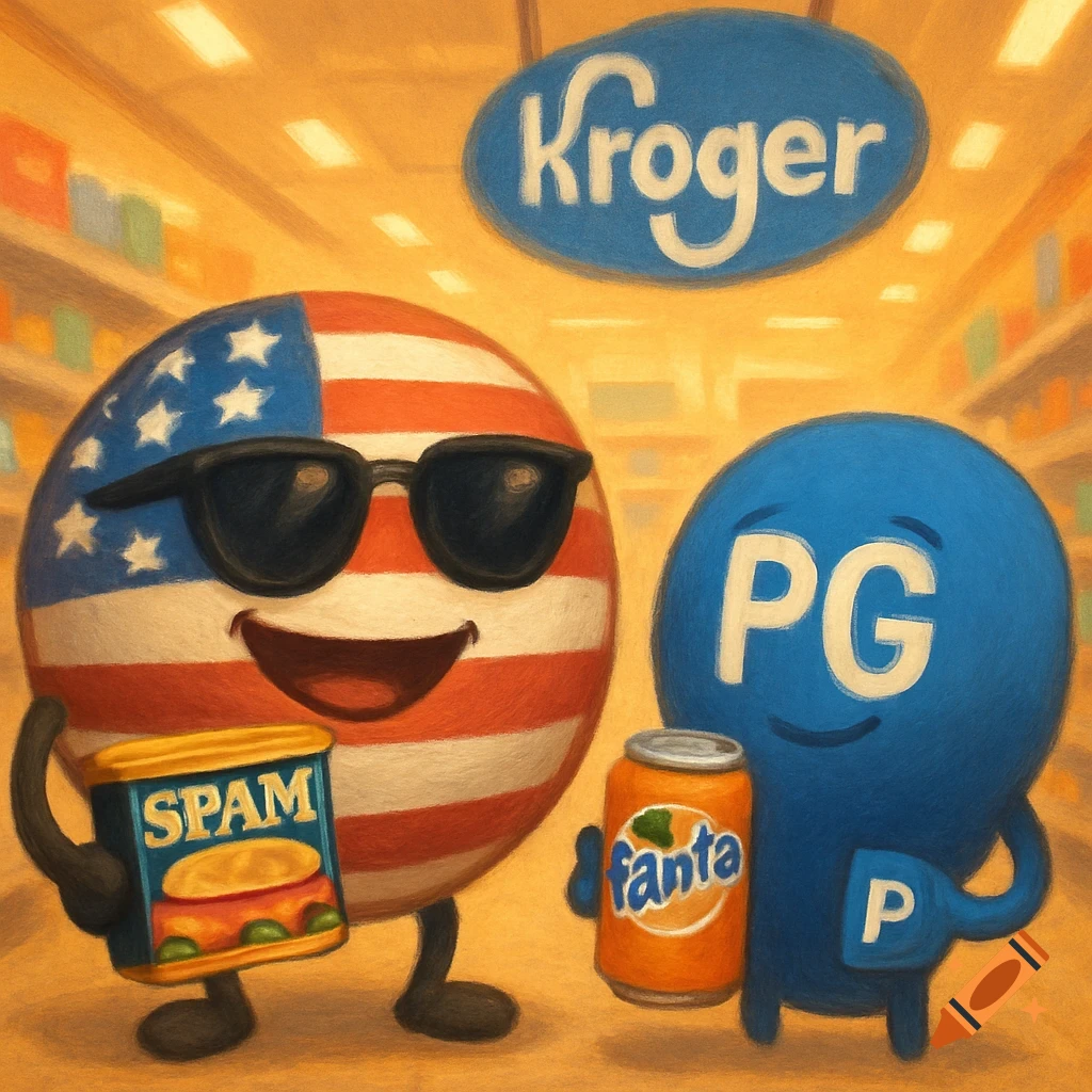 A cartoon USA countryball and a blue PG character hold a Spam can and Fanta can in a Kroger grocery store.
