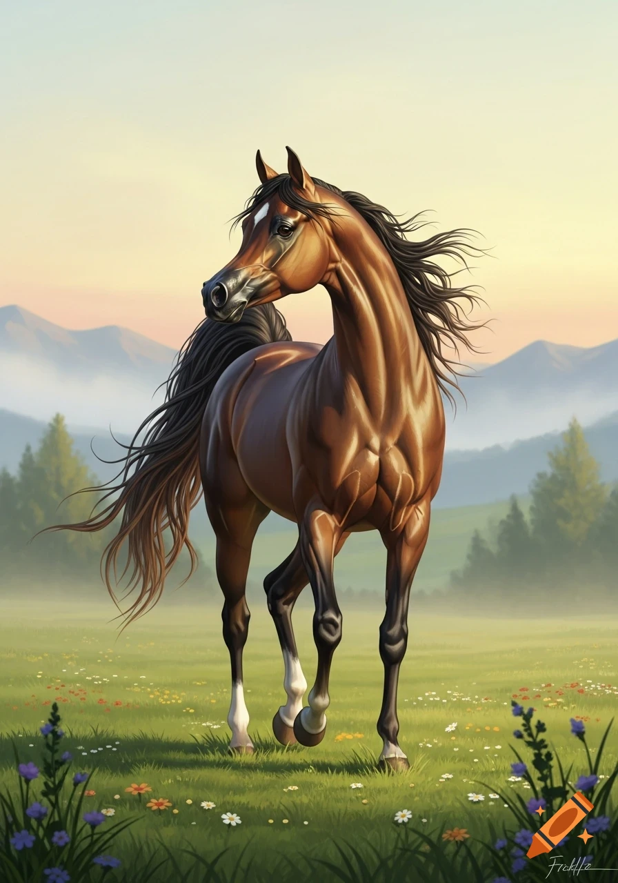 A majestic brown horse with a flowing mane and tail stands in a wildflower meadow with distant mountains at sunset, digital art.