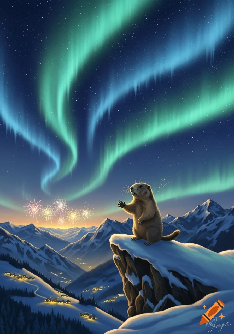 A marmot stands on a snowy mountain cliff, looking at fireworks and distant village lights under a vibrant aurora borealis sky.