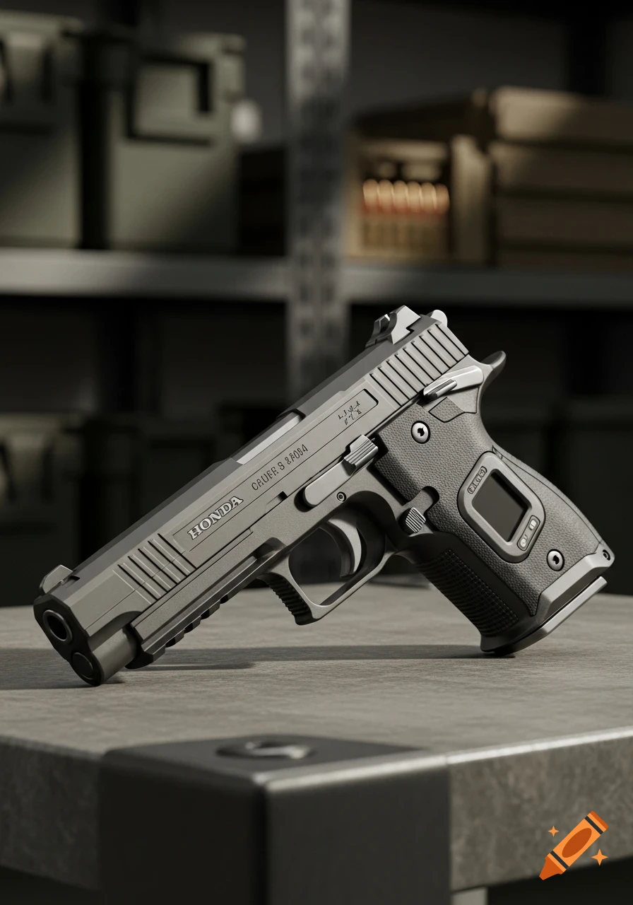 A close-up, photorealistic render of a gray combat pistol with 'HONDA' engraved on its side, resting on a concrete surface.