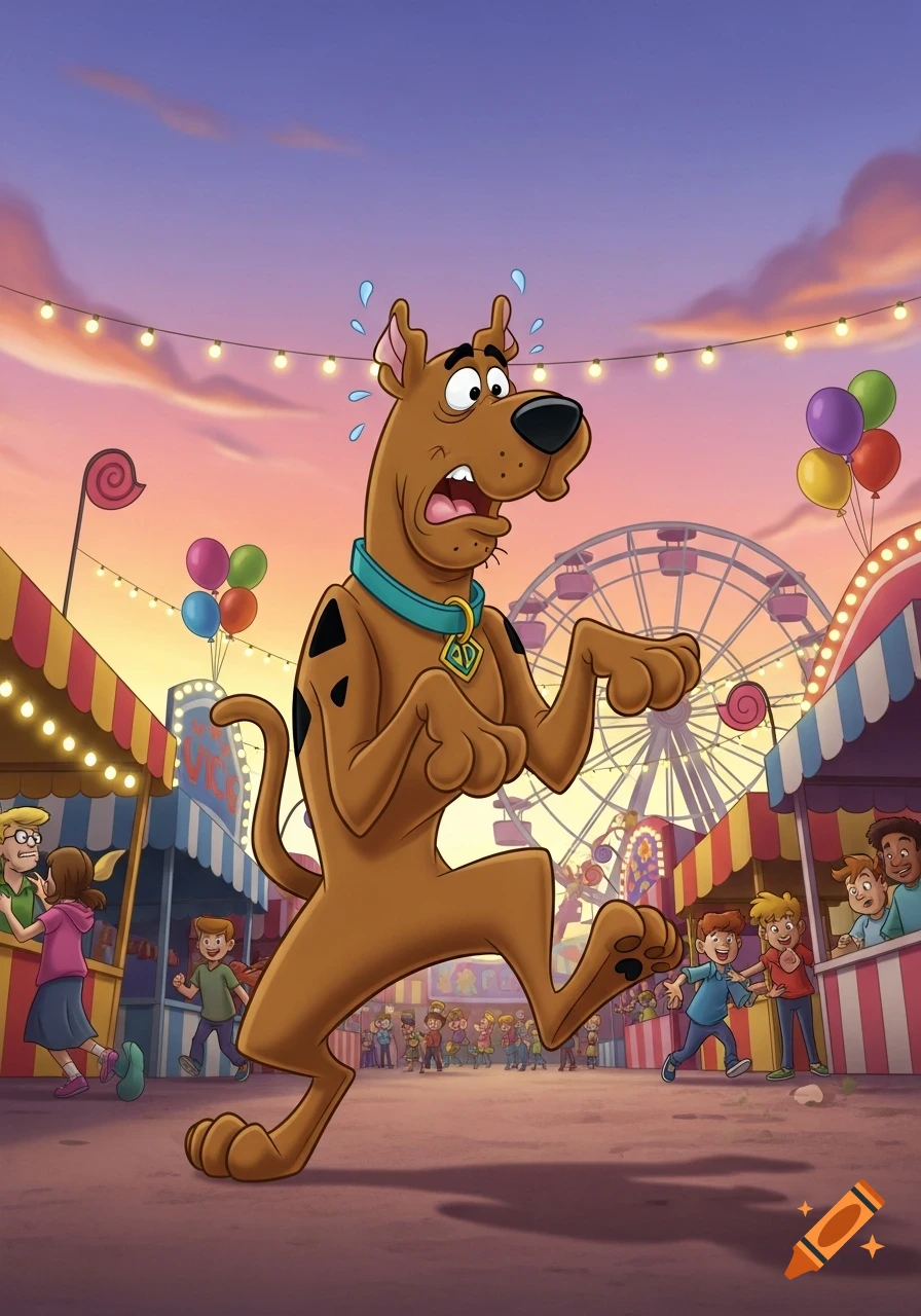 Scooby-Doo looks anxious, hands clutching his stomach, sweating, at a bustling carnival with a Ferris wheel and stalls at sunset.