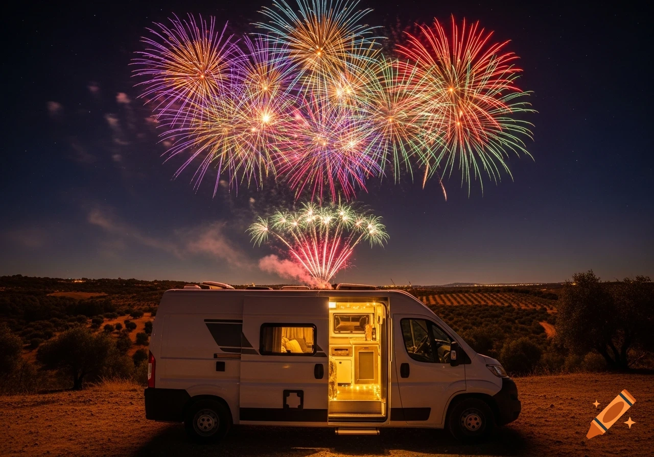 A white camper van parked in a rural landscape at night, illuminated inside, with colorful fireworks exploding in the dark sky.