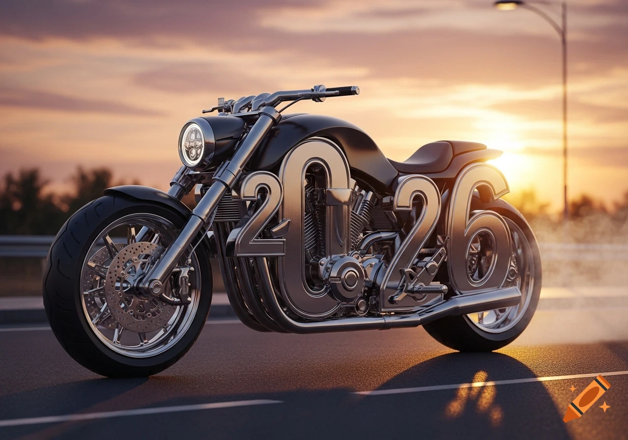 A photorealistic black and chrome motorcycle with the numbers '2026' integrated into its body, parked on a road at sunset.