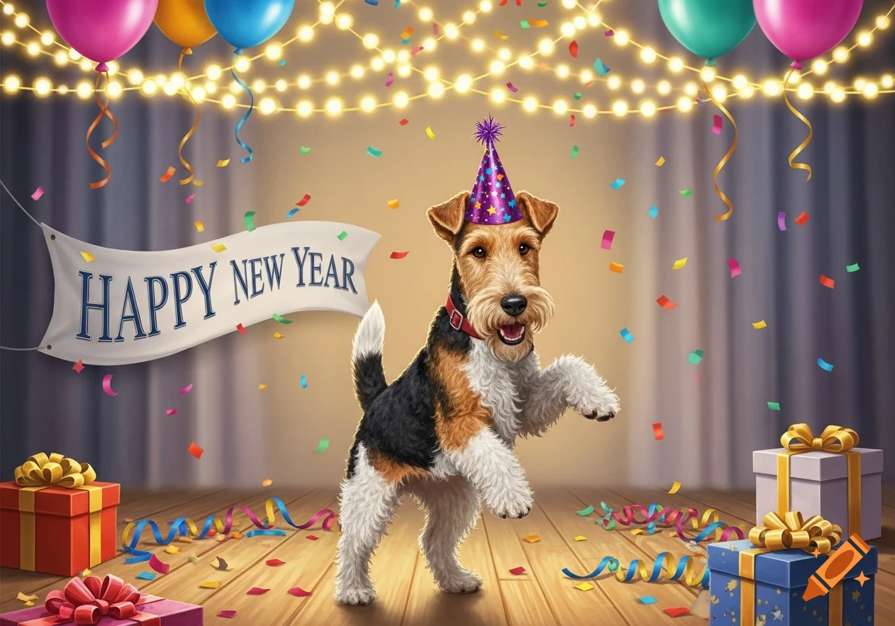 A wire fox terrier dog wearing a party hat celebrates New Year's Eve surrounded by confetti, balloons, and gifts.